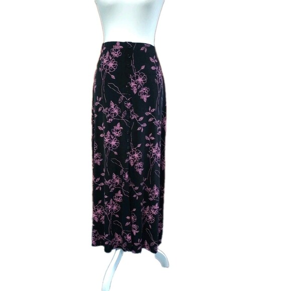 Briggs New York Dresses & Skirts - Vtg Slouchy Stretchy Floral Maxi Skirt Black Pink Fairy Whimsy Art Sz S Cottage
